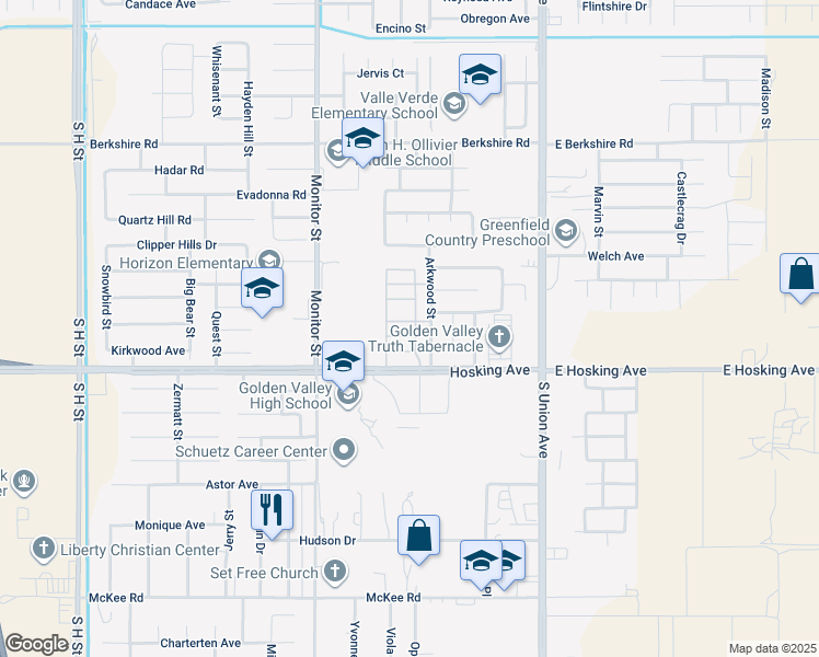 map of restaurants, bars, coffee shops, grocery stores, and more near in Bakersfield