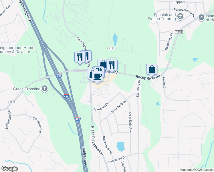 map of restaurants, bars, coffee shops, grocery stores, and more near 9625 Rocky River Road in Charlotte