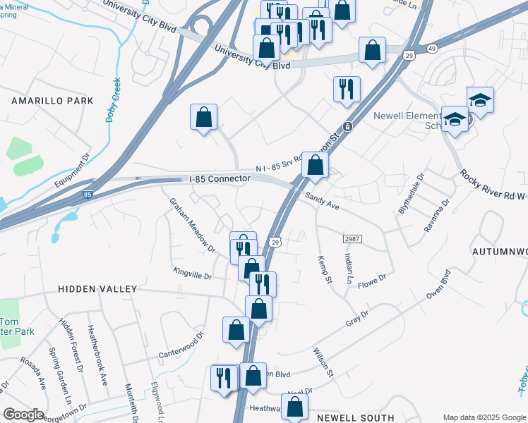map of restaurants, bars, coffee shops, grocery stores, and more near 2427 April Liu Lane in Charlotte