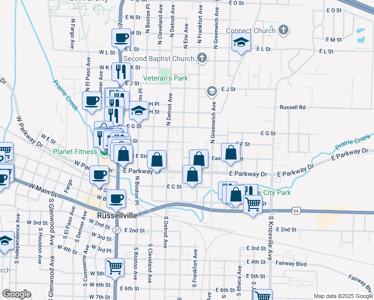 map of restaurants, bars, coffee shops, grocery stores, and more near 502 East F Street in Russellville