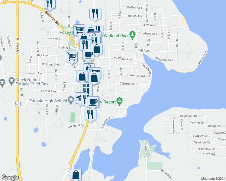 map of restaurants, bars, coffee shops, grocery stores, and more near 101 Lincoln Avenue in Eufaula