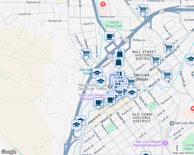 map of restaurants, bars, coffee shops, grocery stores, and more near 682 Broad Street in San Luis Obispo