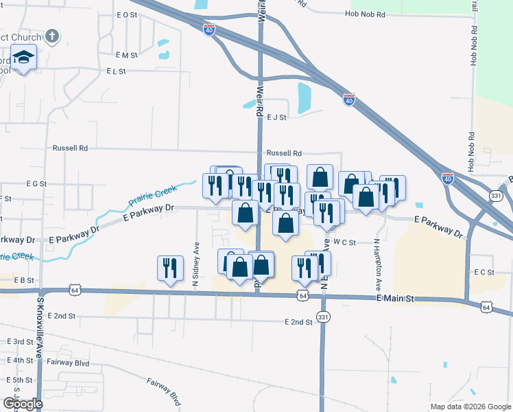 map of restaurants, bars, coffee shops, grocery stores, and more near 2305 East Parkway Drive in Russellville