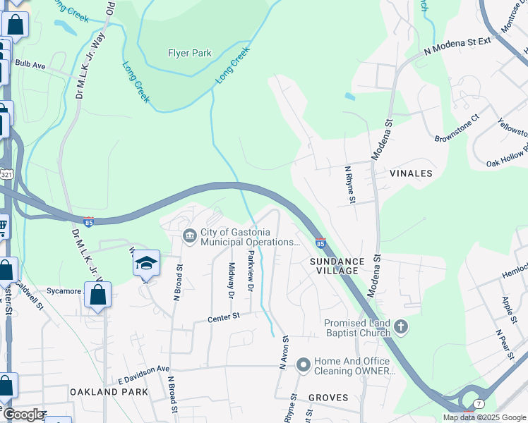 map of restaurants, bars, coffee shops, grocery stores, and more near 1317 Green Circle Drive in Gastonia