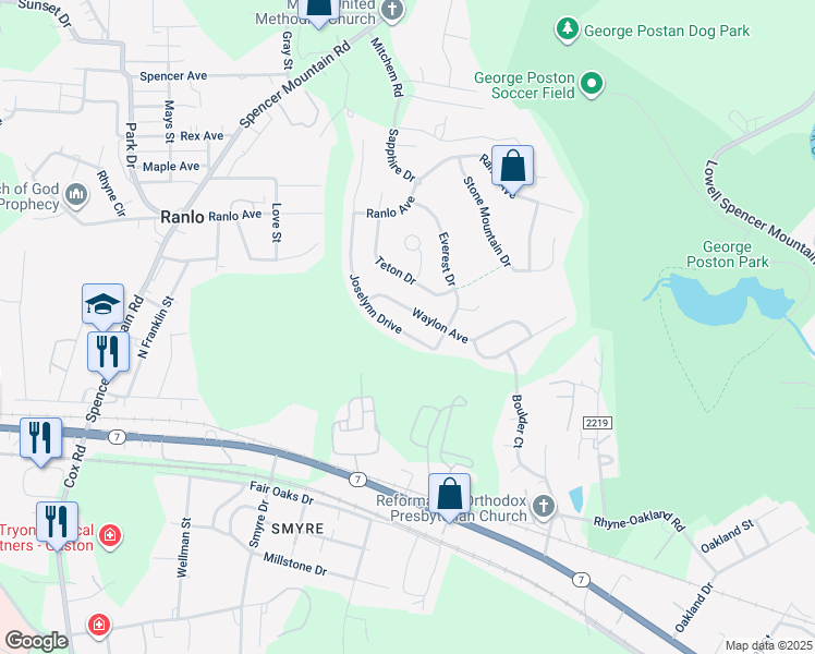 map of restaurants, bars, coffee shops, grocery stores, and more near 1348 Waylon Avenue in Gastonia