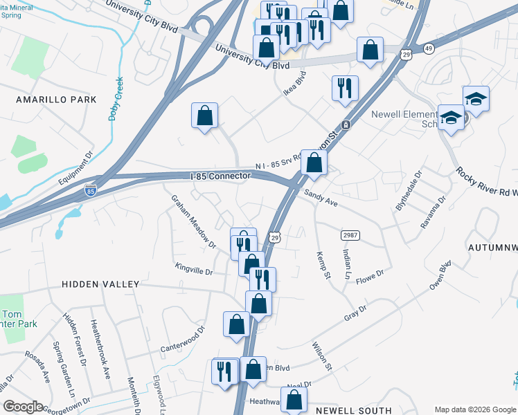 map of restaurants, bars, coffee shops, grocery stores, and more near 2508 April Liu Lane in Charlotte