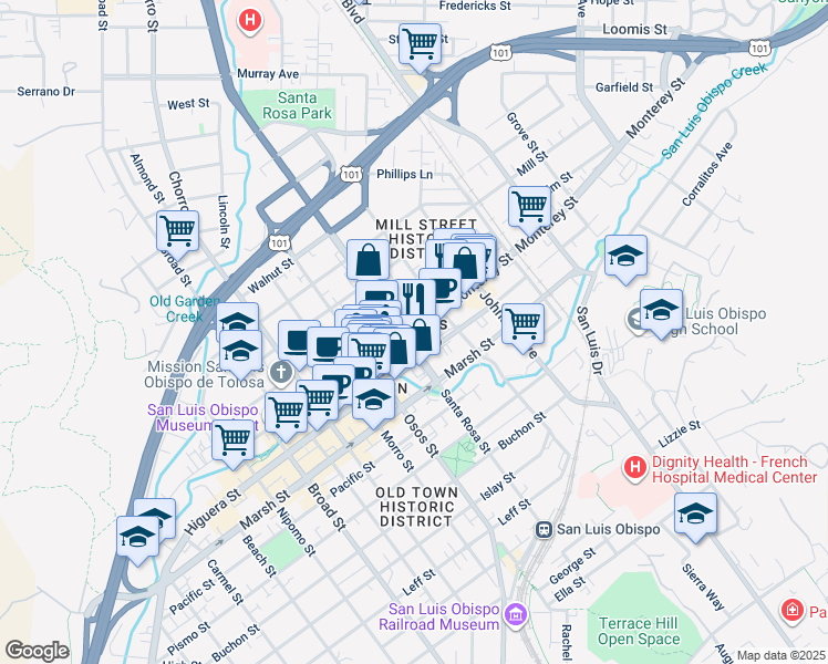 map of restaurants, bars, coffee shops, grocery stores, and more near in San Luis Obispo