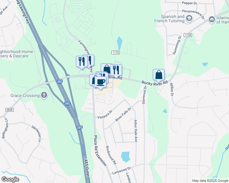 map of restaurants, bars, coffee shops, grocery stores, and more near 4538 Rocky River Road in Charlotte