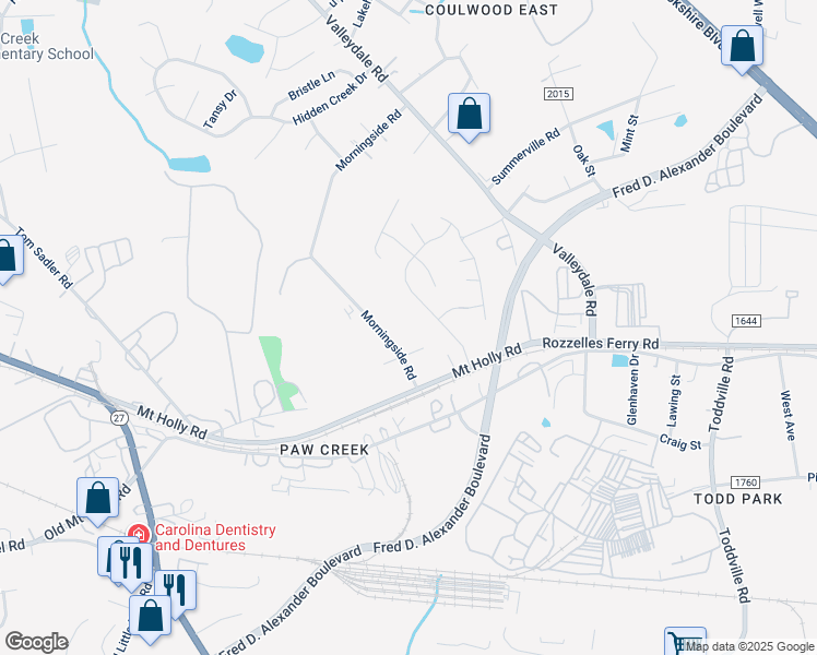 map of restaurants, bars, coffee shops, grocery stores, and more near 215 Winding Canyon Drive in Charlotte