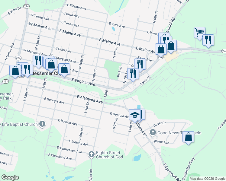 map of restaurants, bars, coffee shops, grocery stores, and more near 510 E Virginia Ave in Bessemer City