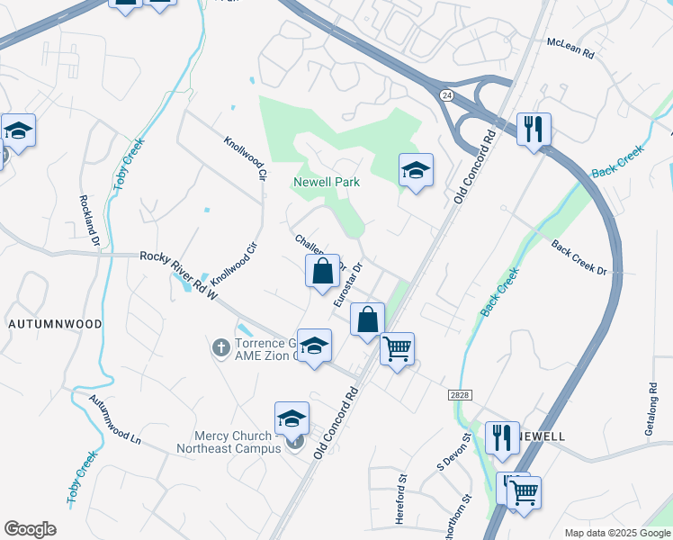 map of restaurants, bars, coffee shops, grocery stores, and more near 8619 Challenger Drive in Charlotte