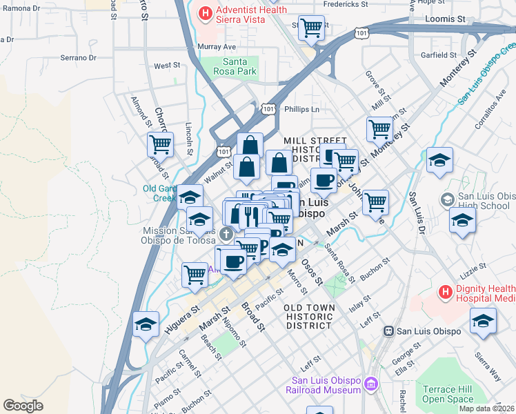 map of restaurants, bars, coffee shops, grocery stores, and more near 990 Palm Street in San Luis Obispo