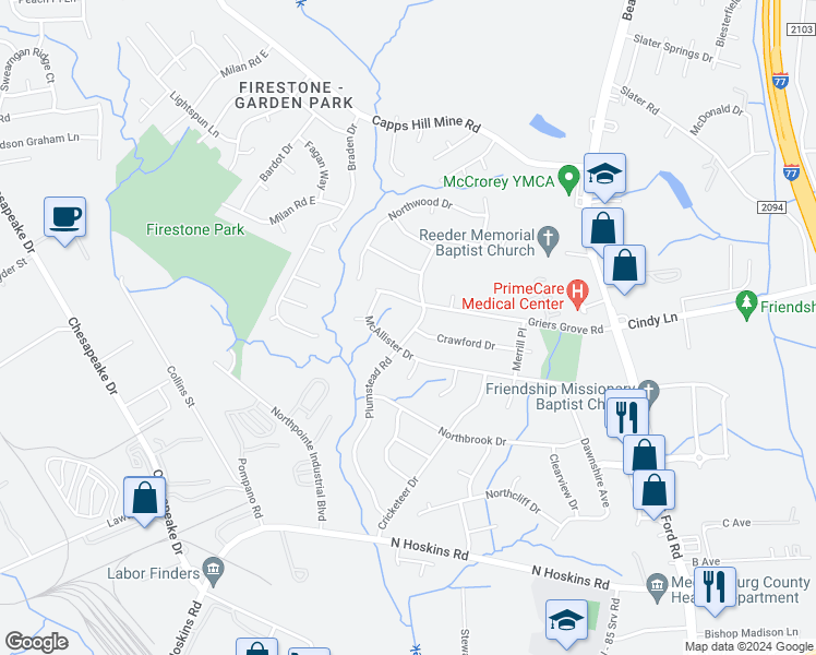 map of restaurants, bars, coffee shops, grocery stores, and more near 1226 Plumstead Road in Charlotte