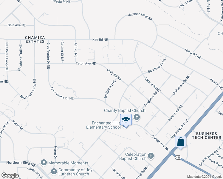 map of restaurants, bars, coffee shops, grocery stores, and more near 1490 Bridger Road Northeast in Rio Rancho