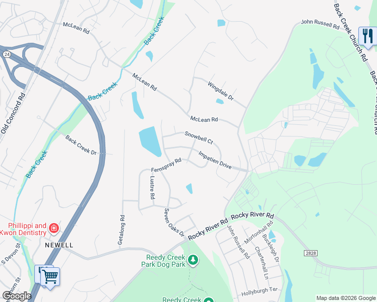 map of restaurants, bars, coffee shops, grocery stores, and more near 2442 Impatien Drive in Charlotte
