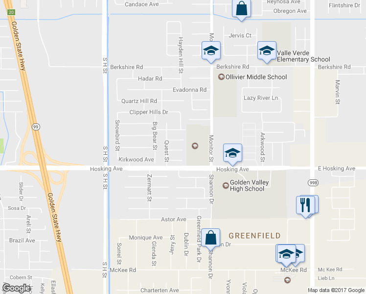 map of restaurants, bars, coffee shops, grocery stores, and more near 1106 Elite Court in Bakersfield
