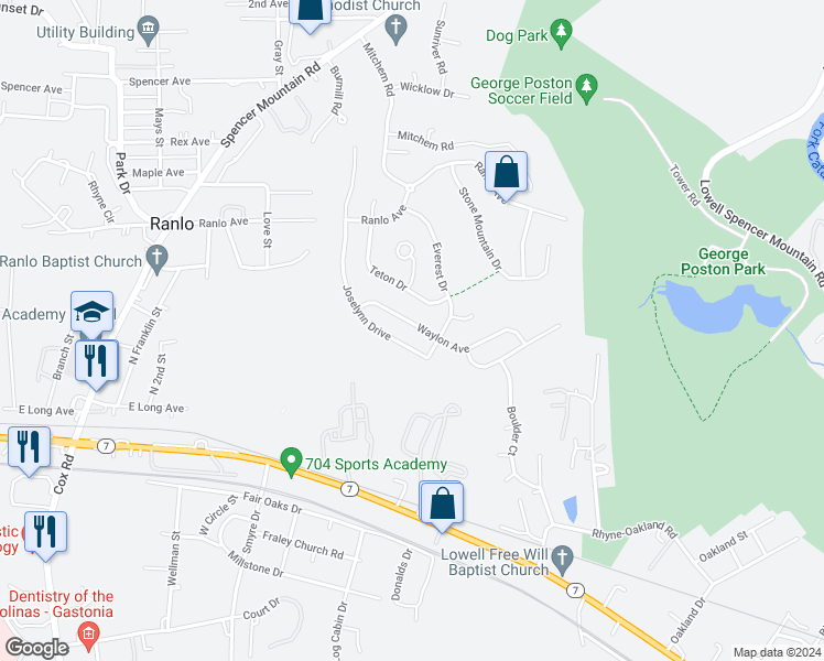 map of restaurants, bars, coffee shops, grocery stores, and more near 1356 Waylon Avenue in Gastonia