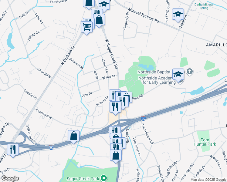 map of restaurants, bars, coffee shops, grocery stores, and more near 1437 West Sugar Creek Road in Charlotte