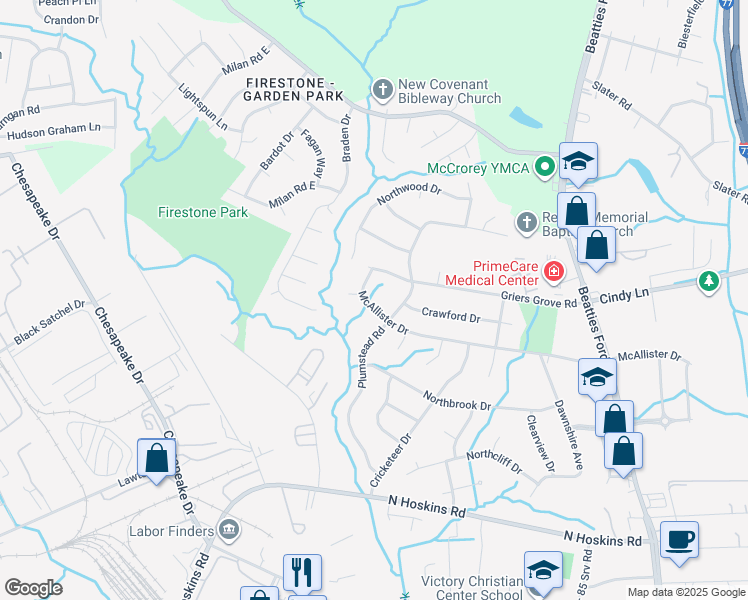 map of restaurants, bars, coffee shops, grocery stores, and more near 1325 McAllister Drive in Charlotte