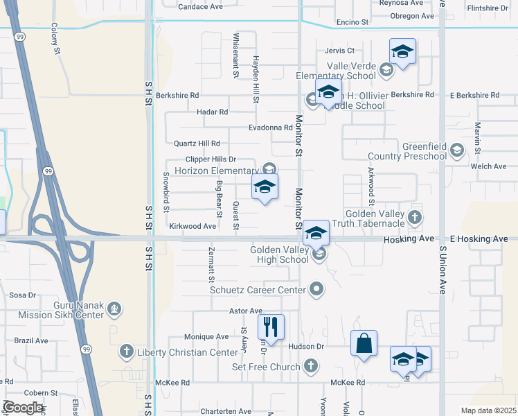 map of restaurants, bars, coffee shops, grocery stores, and more near 1106 Elite Court in Bakersfield