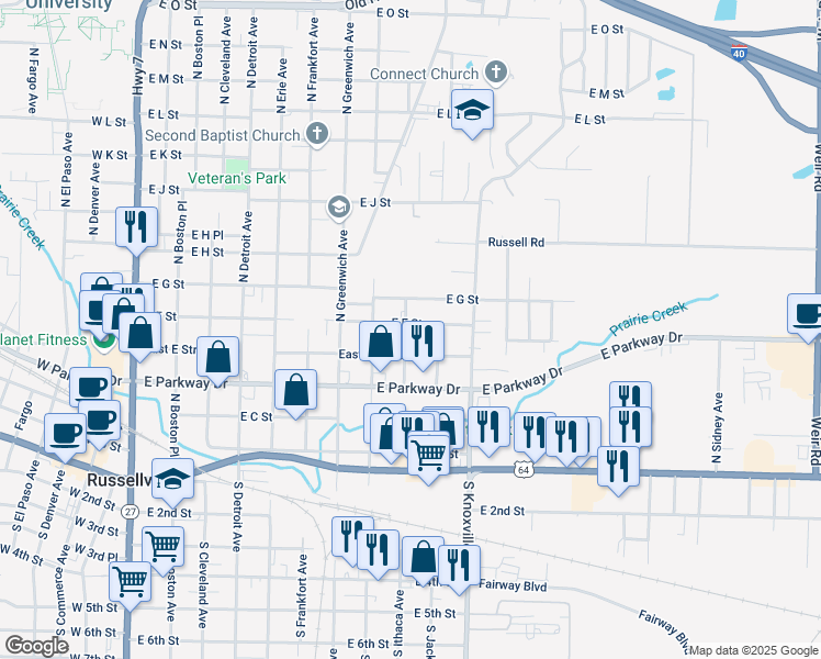 map of restaurants, bars, coffee shops, grocery stores, and more near 520 North Ithaca Avenue in Russellville