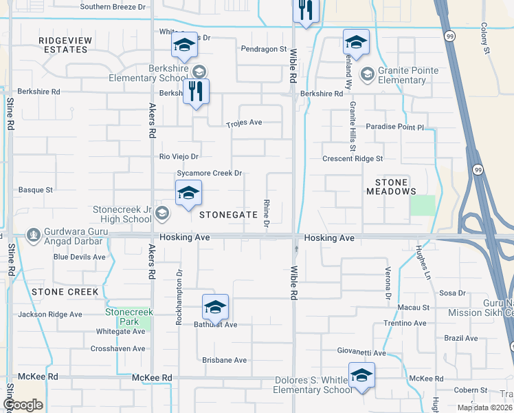map of restaurants, bars, coffee shops, grocery stores, and more near 3502 Calico Rock Court in Bakersfield