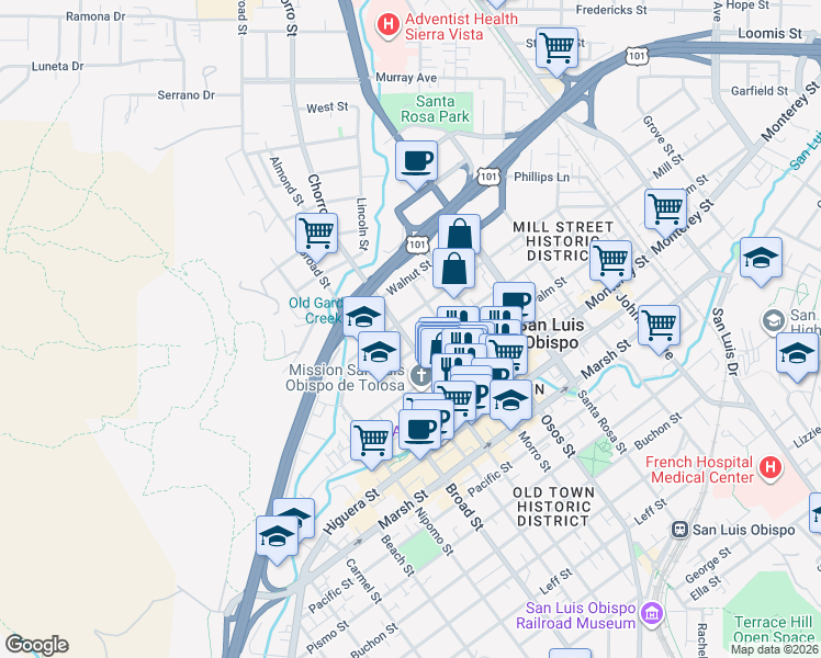 map of restaurants, bars, coffee shops, grocery stores, and more near 870 Mill Street in San Luis Obispo