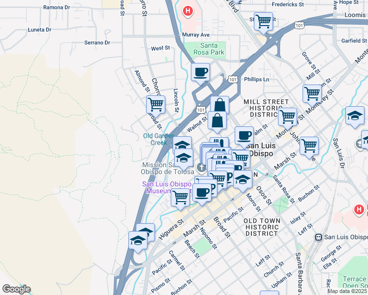 map of restaurants, bars, coffee shops, grocery stores, and more near 699 Chorro Street in San Luis Obispo
