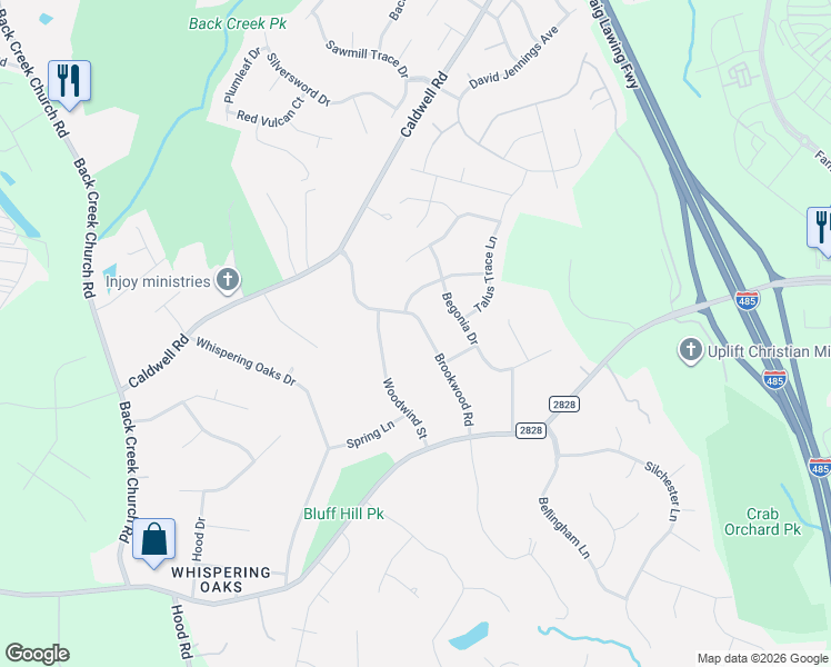 map of restaurants, bars, coffee shops, grocery stores, and more near 4433 Brookwood Road in Charlotte