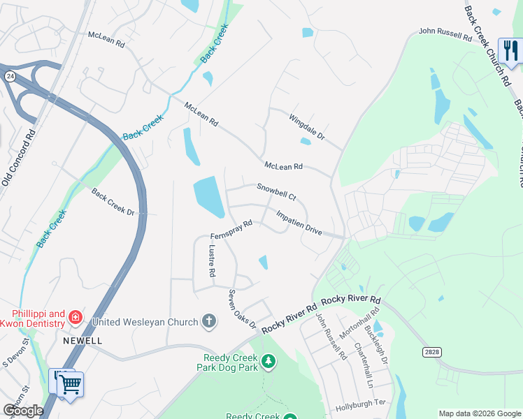 map of restaurants, bars, coffee shops, grocery stores, and more near 2442 Impatien Drive in Charlotte