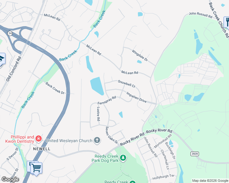 map of restaurants, bars, coffee shops, grocery stores, and more near 2420 Impatien Drive in Charlotte