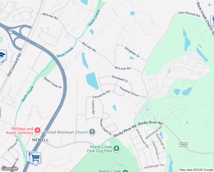 map of restaurants, bars, coffee shops, grocery stores, and more near 2420 Impatien Drive in Charlotte