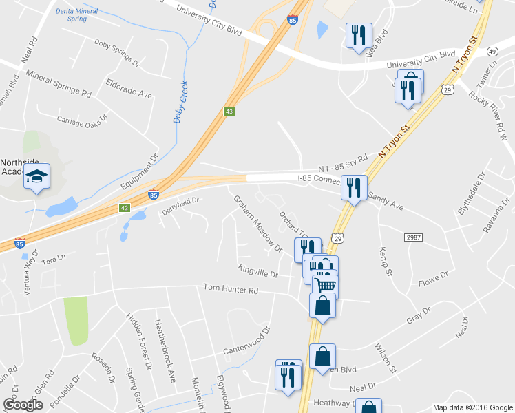 map of restaurants, bars, coffee shops, grocery stores, and more near 415 Orchard Trace Lane in Charlotte