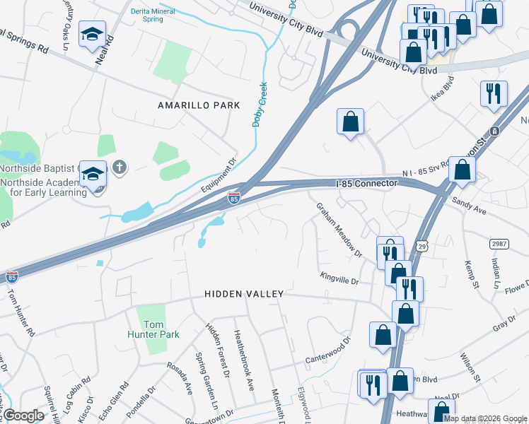 map of restaurants, bars, coffee shops, grocery stores, and more near 6304 Derryfield Drive in Charlotte