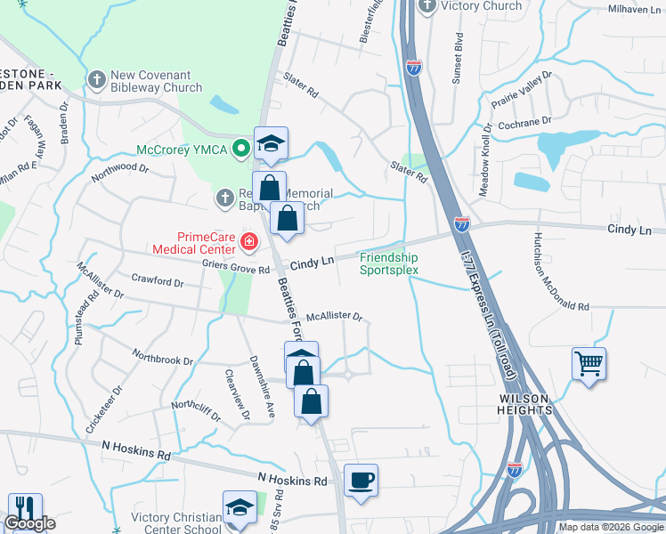 map of restaurants, bars, coffee shops, grocery stores, and more near 2218 Cindy Lane in Charlotte