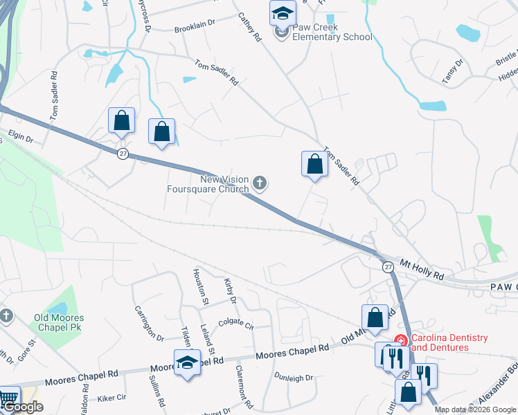 map of restaurants, bars, coffee shops, grocery stores, and more near 8300 Mount Holly Road in Charlotte
