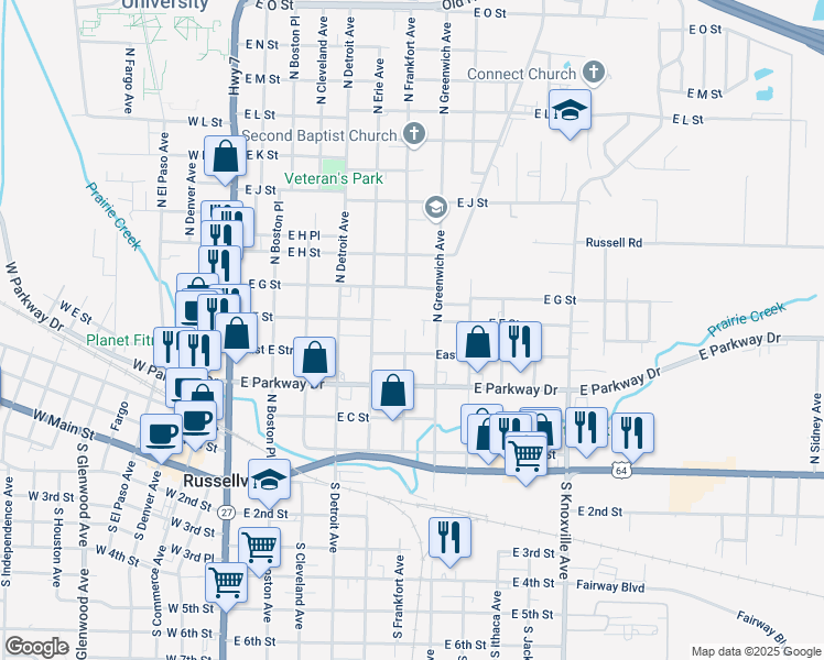 map of restaurants, bars, coffee shops, grocery stores, and more near 517 North Greenwich Avenue in Russellville