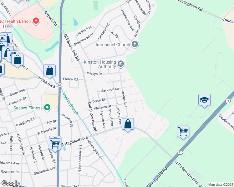 map of restaurants, bars, coffee shops, grocery stores, and more near 1703 Charlotte Avenue in Kinston