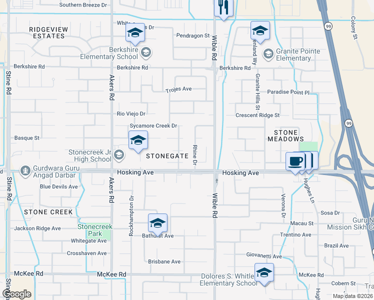 map of restaurants, bars, coffee shops, grocery stores, and more near 3502 Calico Rock Court in Bakersfield