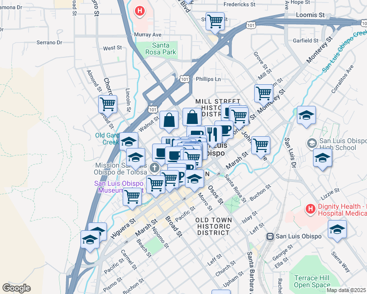 map of restaurants, bars, coffee shops, grocery stores, and more near in San Luis Obispo