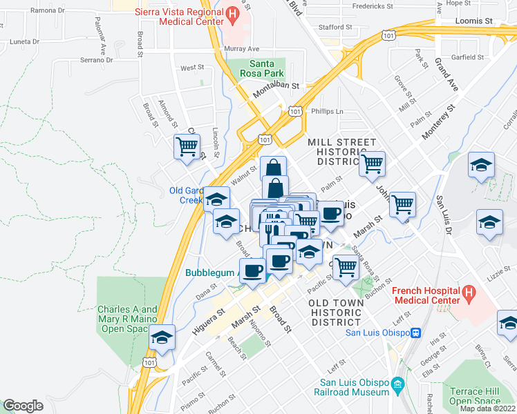map of restaurants, bars, coffee shops, grocery stores, and more near 870 Mill Street in San Luis Obispo