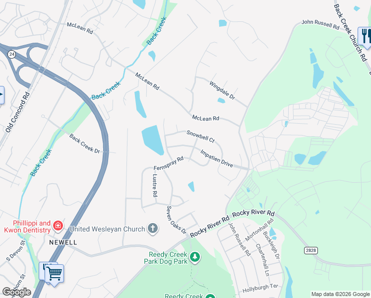 map of restaurants, bars, coffee shops, grocery stores, and more near 2442 Impatien Drive in Charlotte