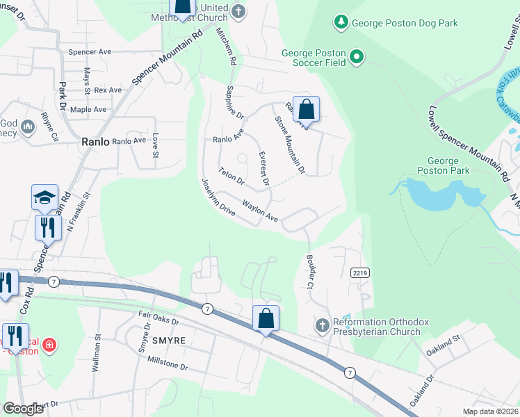map of restaurants, bars, coffee shops, grocery stores, and more near 1377 Waylon Avenue in Gastonia