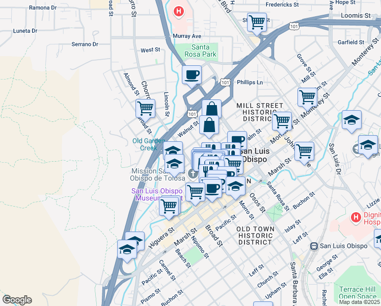 map of restaurants, bars, coffee shops, grocery stores, and more near 750 Chorro Street in San Luis Obispo