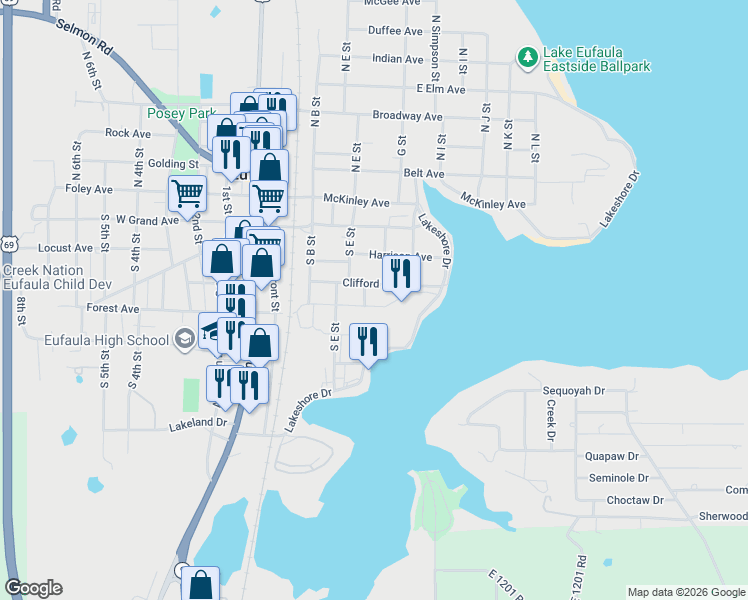 map of restaurants, bars, coffee shops, grocery stores, and more near 306 Cleveland Avenue in Eufaula