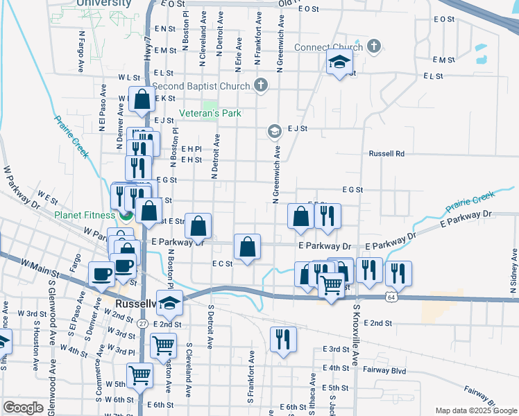 map of restaurants, bars, coffee shops, grocery stores, and more near 502 North Frankfort Avenue in Russellville