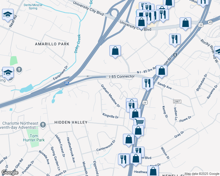 map of restaurants, bars, coffee shops, grocery stores, and more near 415 Orchard Trace Lane in Charlotte