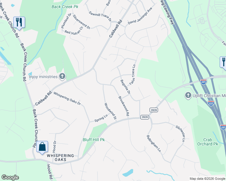 map of restaurants, bars, coffee shops, grocery stores, and more near 4433 Brookwood Road in Charlotte