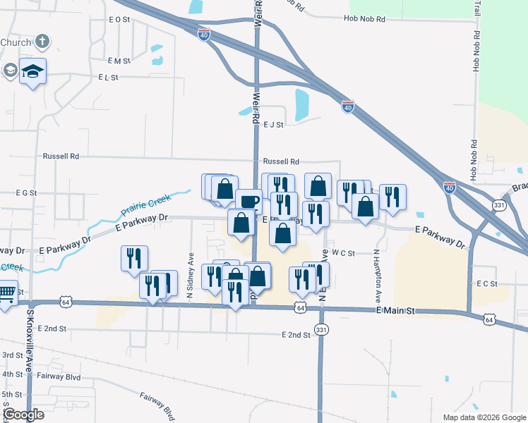 map of restaurants, bars, coffee shops, grocery stores, and more near 2305 East Parkway Drive in Russellville