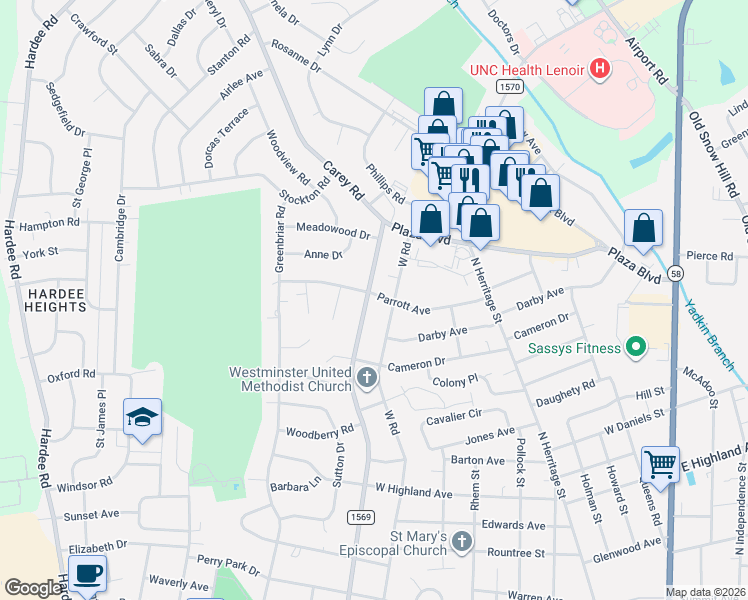 map of restaurants, bars, coffee shops, grocery stores, and more near 1915 Carey Road in Kinston